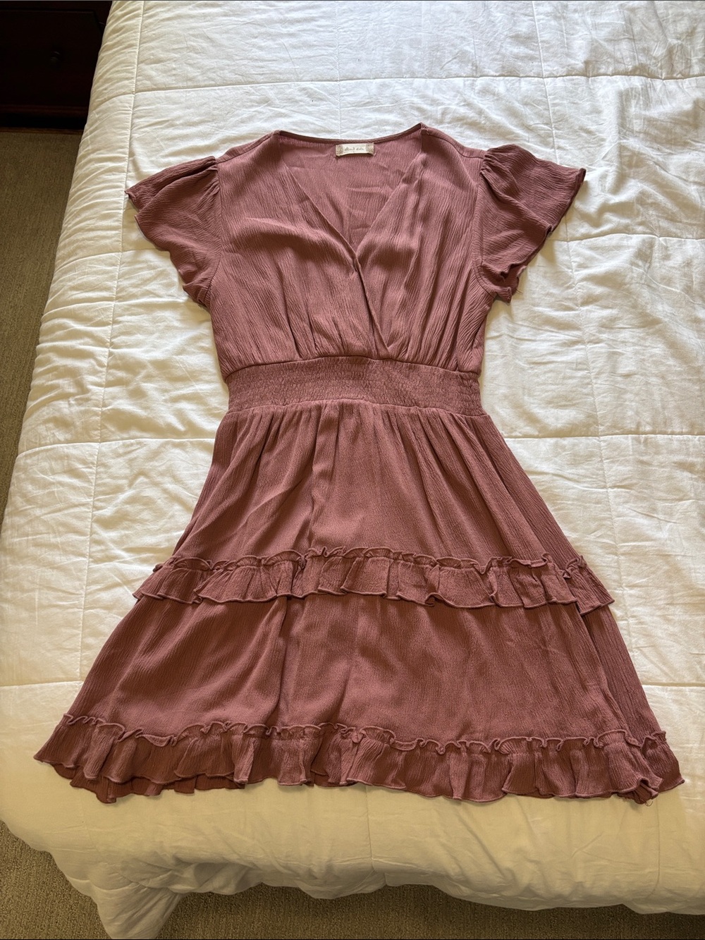 Woven V-Neck Ruffle Dress - Dusty Rose